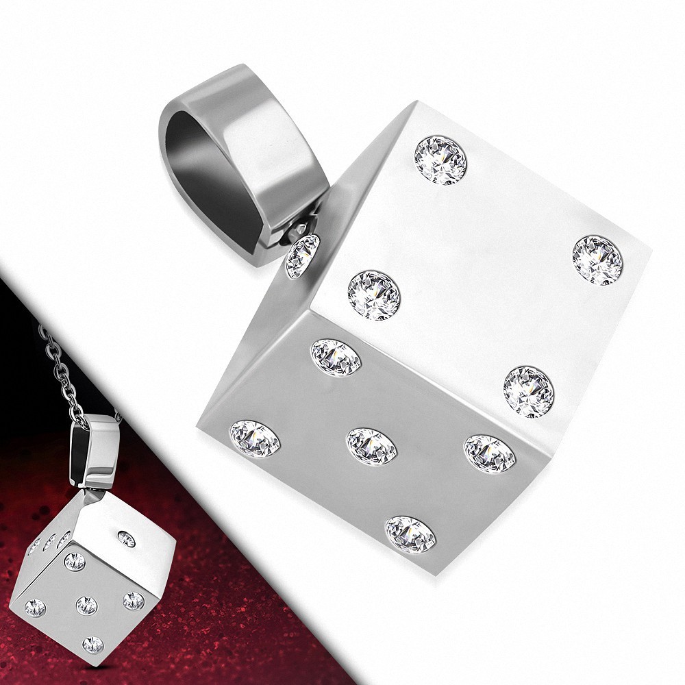 Pendentif à breloques Lucky Dice en acier inoxydable avec sertissage