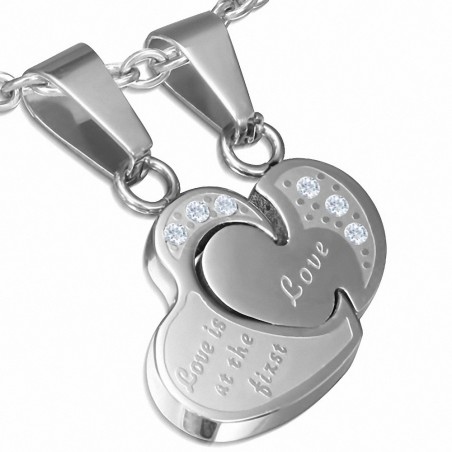 Pendentif 2 pièces en forme de coeur avec coeur d'amour en acier inoxydable avec - strass