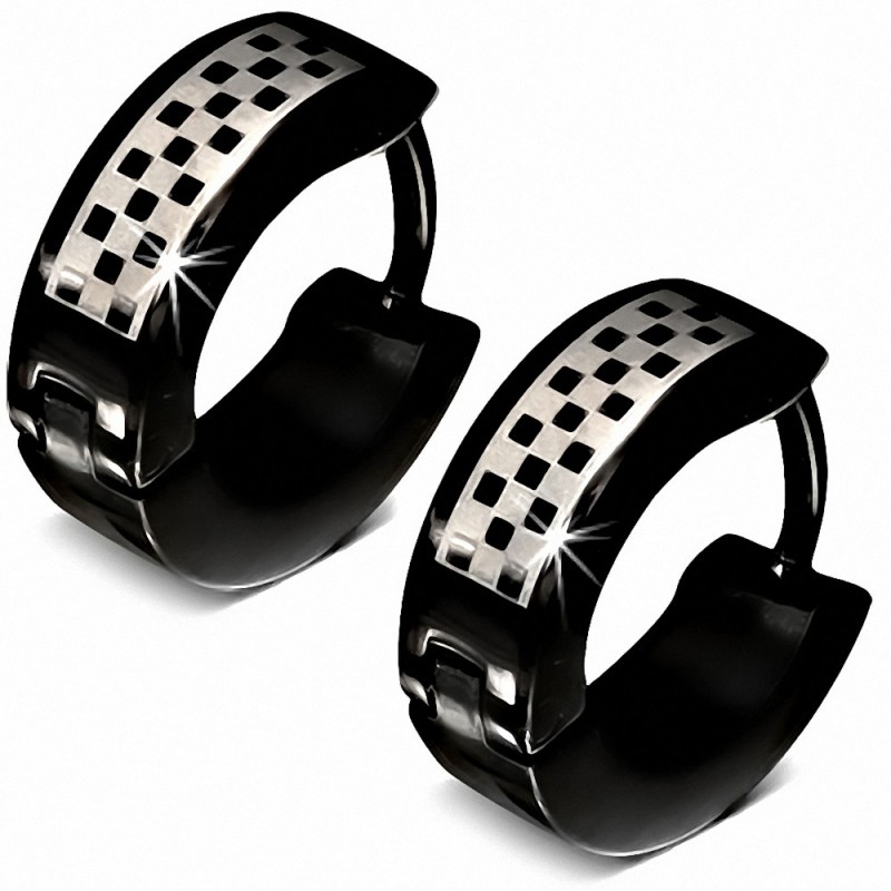 Boucles d'oreille Huggie en forme de grille / checker en acier inoxydable noir (paire)