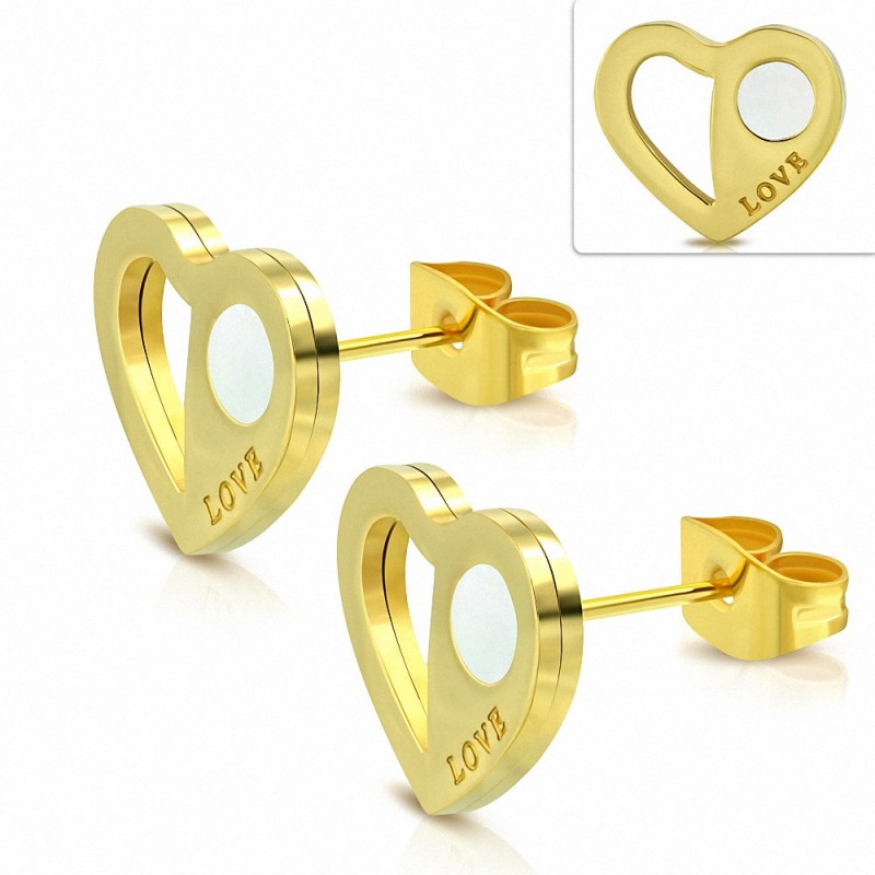 Dormeuses en forme de cœur d'amour en acier inoxydable doré avec incrustations de coquille (paire) Dormeuses en forme de cœur d'amour en acier inoxydable doré avec incrustations de coquille (paire)