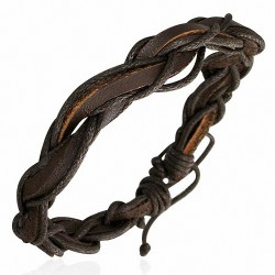 Bracelet ajustable tressé chocolat en lanières de cuir et corde