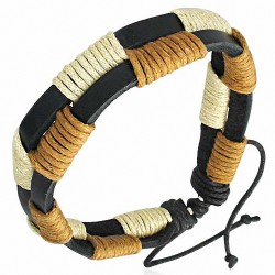 Bracelet ajustable 2 lanières en cuir noir avec corde caramel et blanche