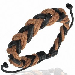 Bracelet ajustable tressé en cuir noir et corde caramel doublée
