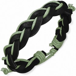 Bracelet ajustable tressé en cuir noir et corde vert clair