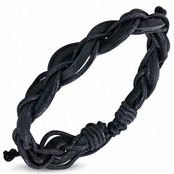 Bracelet ajustable en cuir noir et corde noire entrelassés