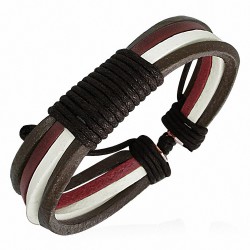 Bracelet ajustable 4 lanières carrée en cuir chocolat bordeaux et blanc avec corde chocolat