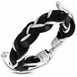 Bracelet ajustable tressé en cuir noir et cordes blanches