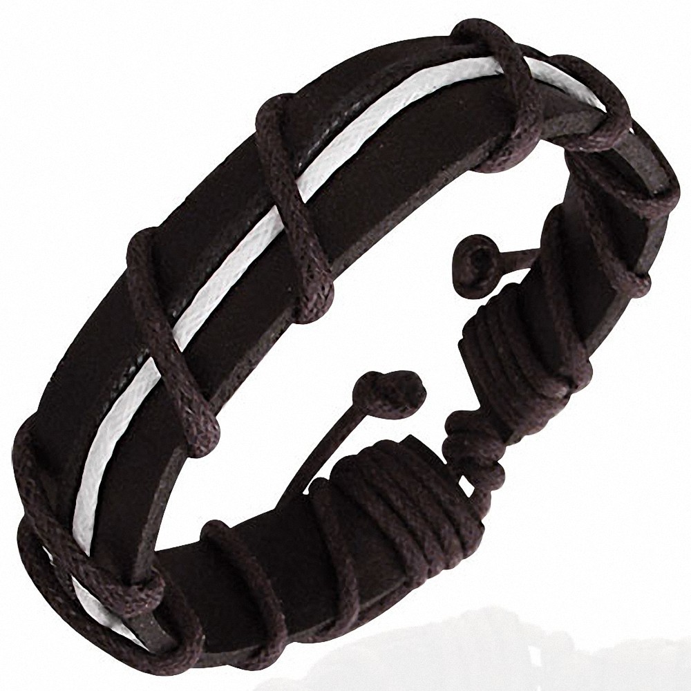 Bracelet ajustable en cuirchocolat et cordes chocolat et blanche