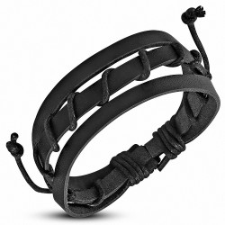 Bracelet réglable en cuir noir avec cordon  triple