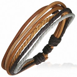 Bracelet ajustable en cuir  tricolore et cordes caramel chocolat et grise