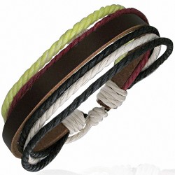Bracelet ajustable en cuir chocolat avec corde noire blanche bordeaux et vert anis