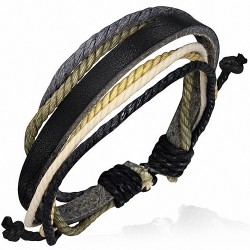Bracelet ajustable en cuir noir avec corde grise noire verte jaune crème