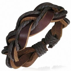 Bracelet ajustable tressé en lanières de cuir marron et corde chocolat