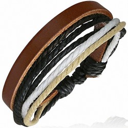 Bracelet ajustable en cuir brun avec corde noire blanche et crème