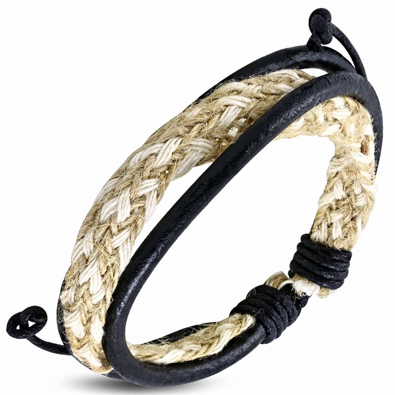 Bracelet ajustable en cuir noir avec corde blancheet sisal tressés