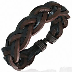 Bracelet ajustable tressé en lanières carrées de cuir noir et chocolat