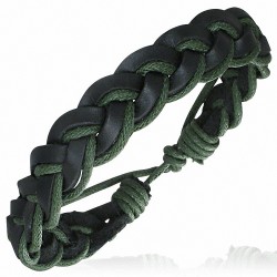 Bracelet ajustable tressé en cuir noir et corde verte