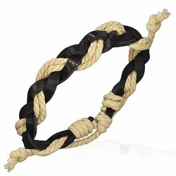 Bracelet ajustable tressé en cuir noir et corde crème doublée