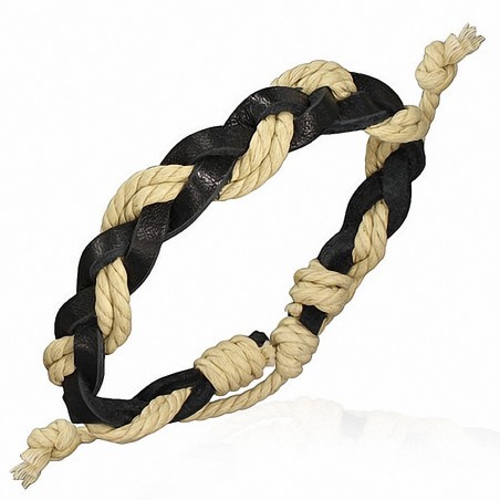 Bracelet ajustable tressé en cuir noir et corde crème doublée