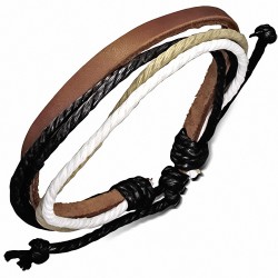 Bracelet ajustable en cuir clair avec corde noire grise et verte