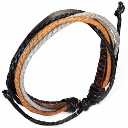 Bracelet ajustable en cuir marron avec corde noire grise crème et safran