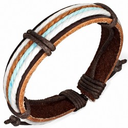 Bracelet ajustable en cuir marron avec corde blanche bleu clair et safran
