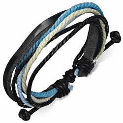 Bracelet ajustable en cuir noir avec corde noire crème bleu et bleu clair