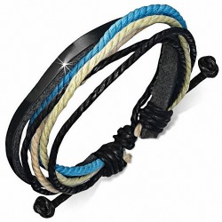 Bracelet ajustable en cuir noir avec corde noire crème bleu et sable