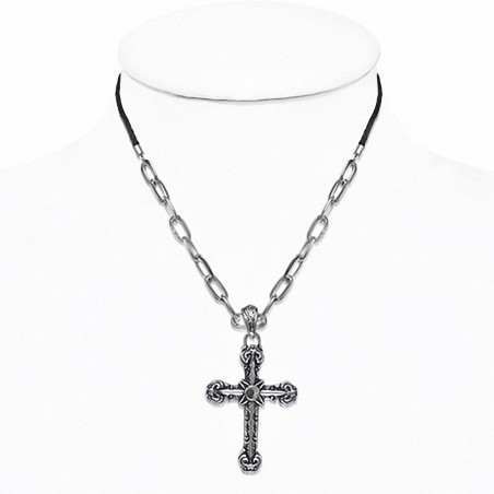 Alliage Tendance Fleur De Lis Croix Chaîne à Maillons Collier avec Cordon Noir