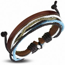 Bracelet en cuir marron ajustable avec corde noire blanche kaki et bleu ciel