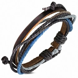 Bracelet ajustable en cuir marron avec corde chocolat grise et bleue