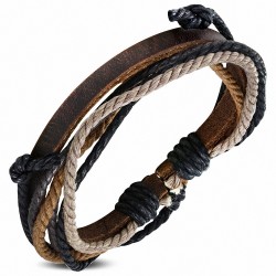 Bracelet en cuir marron ajustable avec corde noire caramel et sable