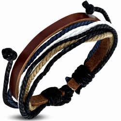 Bracelet en cuir marron ajustable avec corde noire blanche sable et bleu marine