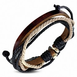 Bracelet ajustable en cuir marron avec corde noire grise et sable