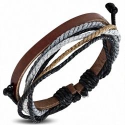 Bracelet en cuir marron ajustable avec corde noire caramel et grise