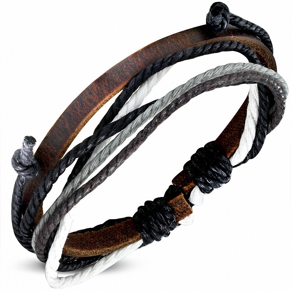 Bracelet ajustable en cuir marron avec corde noire chocolat grise et blanche
