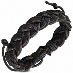 Bracelet ajustable tressé en cuir noir et double corde chocolat