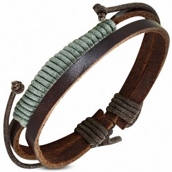 Bracelet ajustable 2 lanières en cuir marron avec corde chocolat et vert d'eau