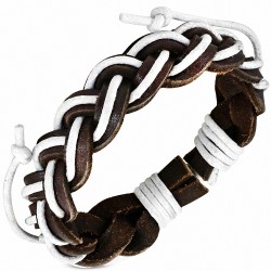 Bracelet en cuir marron ajustable tressé avec corde blanche