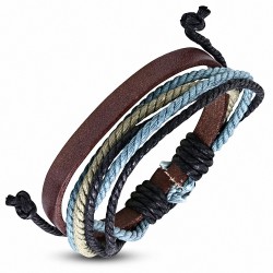 Bracelet ajustable en cuir marron avec corde noire kaki et bleu clair