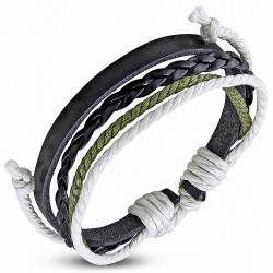 Bracelet ajustable en cuir noir avec tresse en cuir noir et corde blanche verte