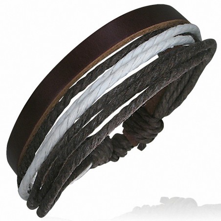 Bracelet ajustable en cuir chocolat avec corde chocolat et blanche