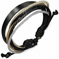Bracelet ajustable en cuir noir avec corde noire crème safran et blanche