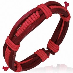 Bracelet ajustable 3 lanières en cuir rouge et corde rouge enroulée