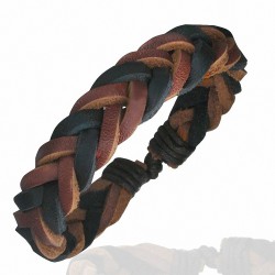 Bracelet ajustable tressé en cuir brun et noir