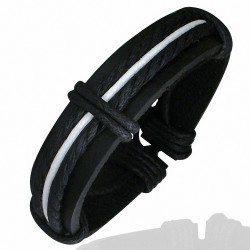 Bracelet ajustable en cuir noir avec 3 lignes de corde noire et blanche
