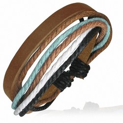 Bracelet ajustable en cuir brun avec corde noire blanche menthe et caramel