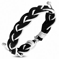 Bracelet ajustable tressé en cuir noir et corde blanche