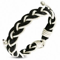 Bracelet ajustable tressé en lanières de cuir noir et corde blanche