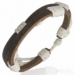 Bracelet ajustable 2 lanières en cuir brun avec corde blanche 1